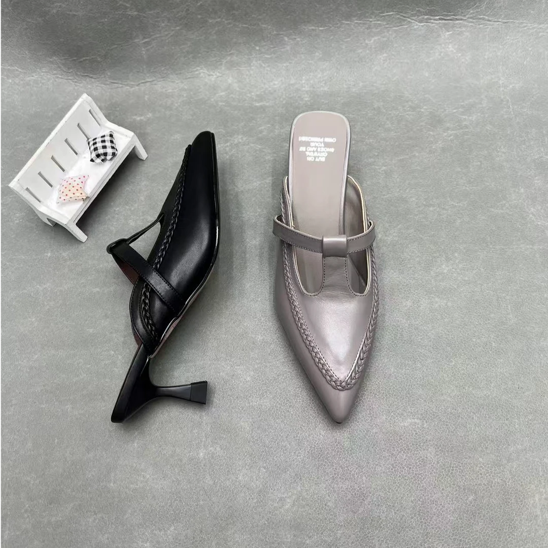 配裙子的半拖女鞋一脚蹬拖鞋灰色外出夏季凉拖高跟新中式黑色百搭