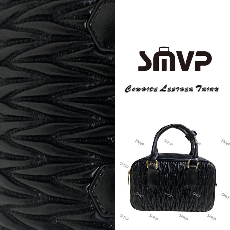 潮流真皮新款女包斜挎包手提包褶皱保龄球包 0220 黑色