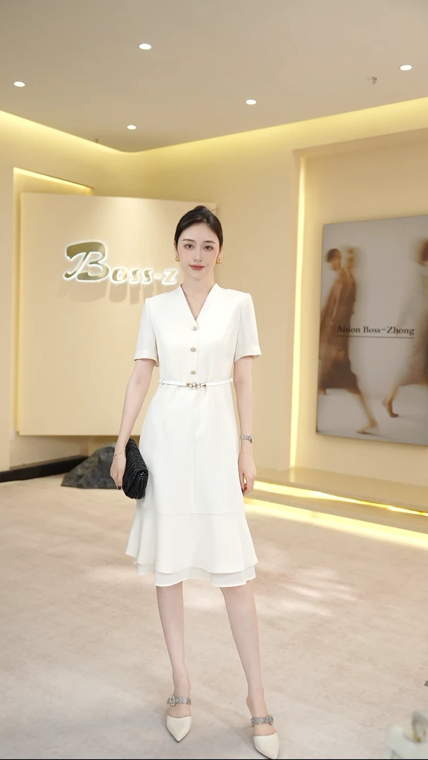 钟老板高级感职业连衣裙女2025夏季新款气质时尚V领双层纱鱼尾裙