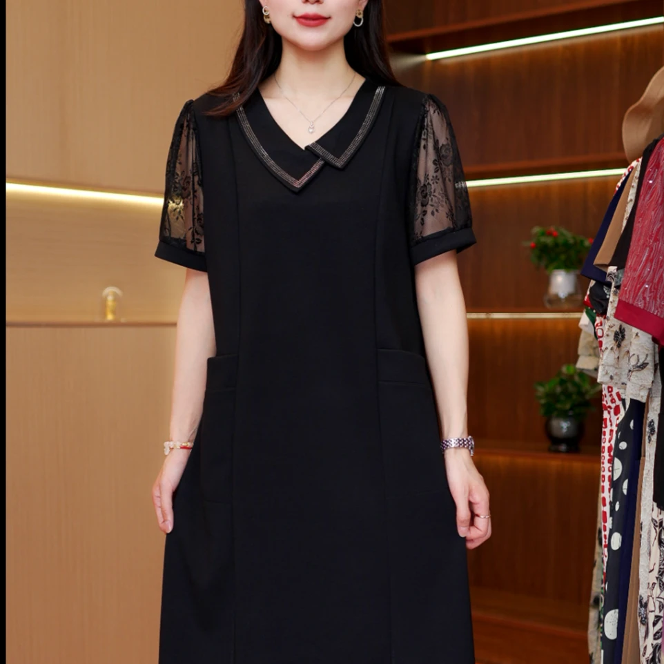 JJ9709简约通勤夏季新款设计网纱拼接显瘦翻领中长款短袖连衣裙