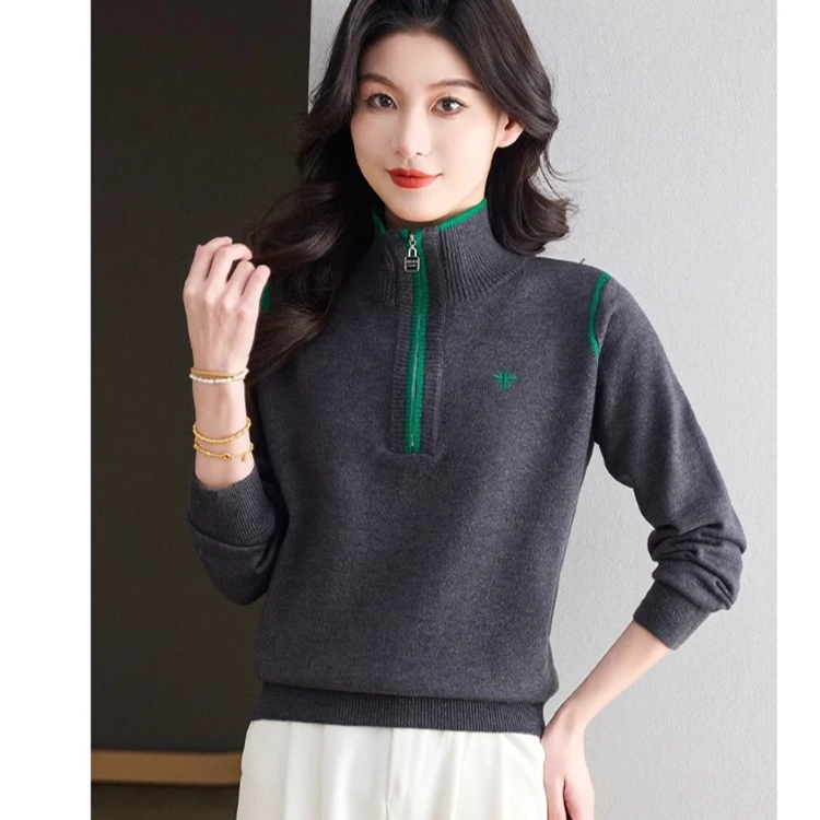 爆款洋气半拉链可翻高领羊毛衫女春秋新款宽松拼色刺绣打底毛衣