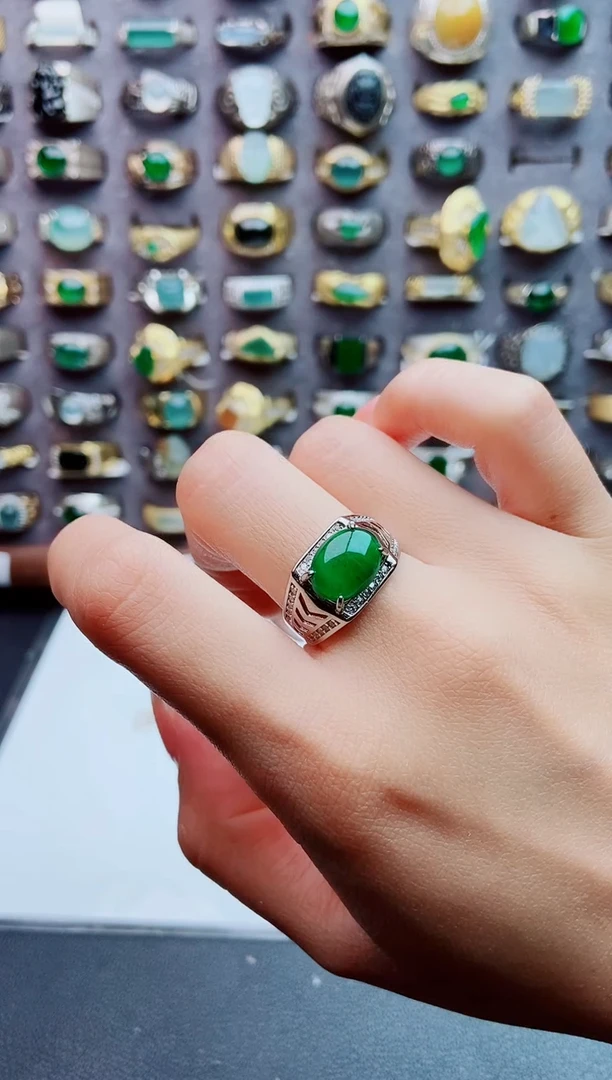 银S925镶嵌戒指翡翠天然翡翠男戒