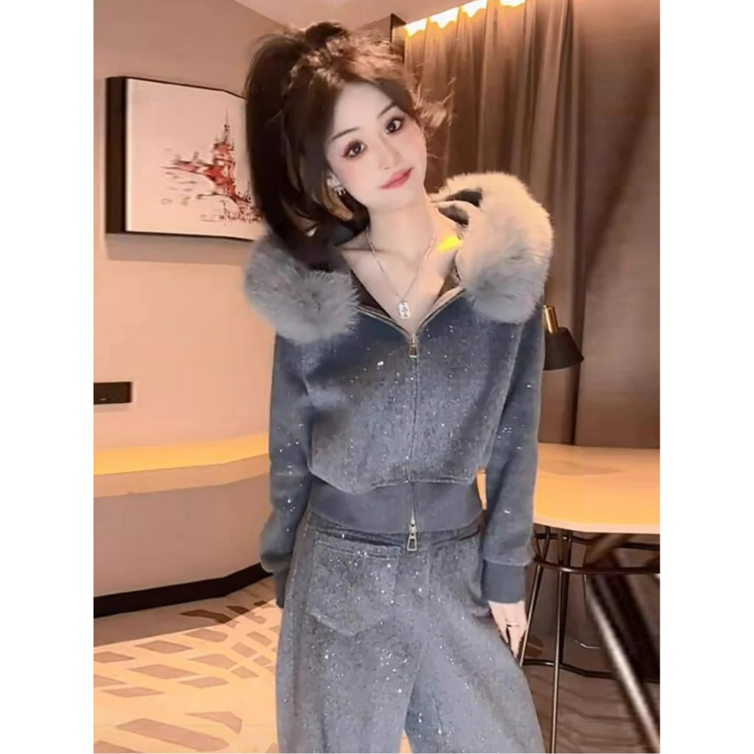 加绒加厚设计感短款外套阔腿裤两件套女冬季新款洋气韩版时尚套装