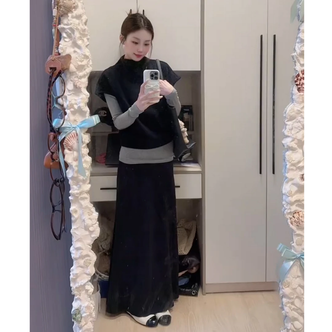 秋冬搭配一整套韩系黑色针织衫t恤修身打底衫气质半裙三件套装