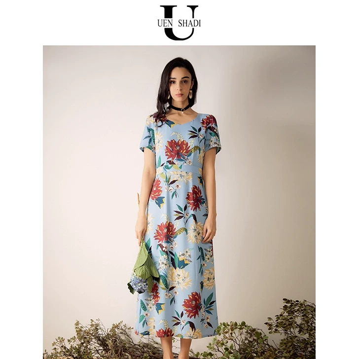 uenshadi温莎蒂春季新款品牌女装时尚蓝色短袖印花连衣裙