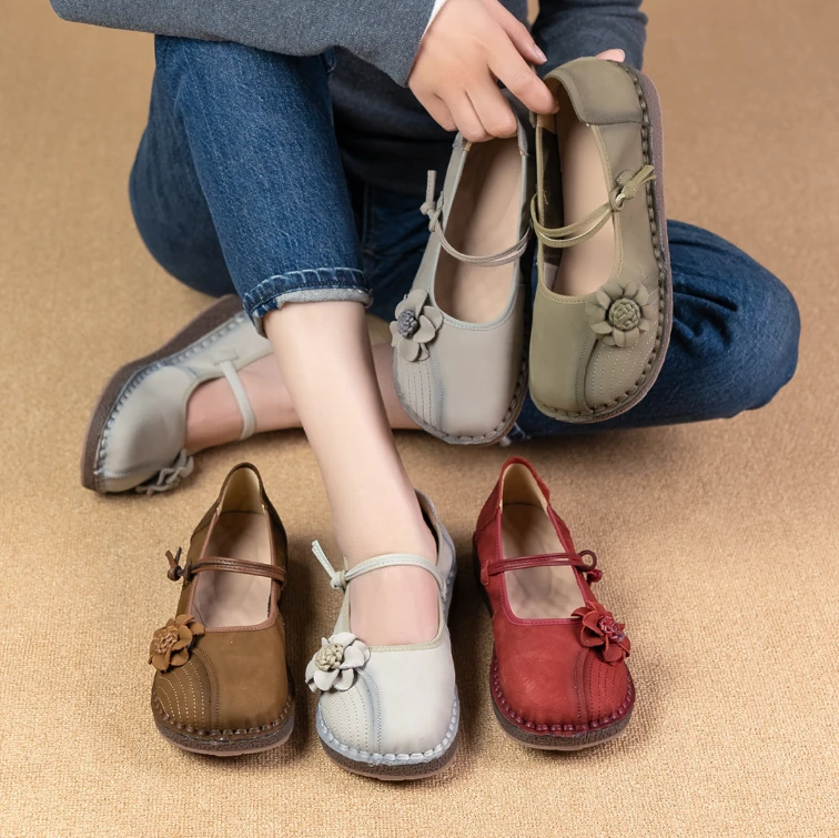 夏季女鞋单鞋皮鞋真皮平底圆头软底舒适平跟复古女鞋百搭休闲浅口