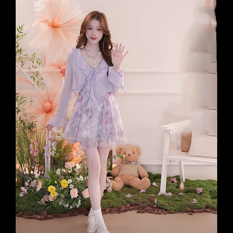 夏季甜美碎花时尚套装女新款收腰气质小清新吊带短裙披肩两件套