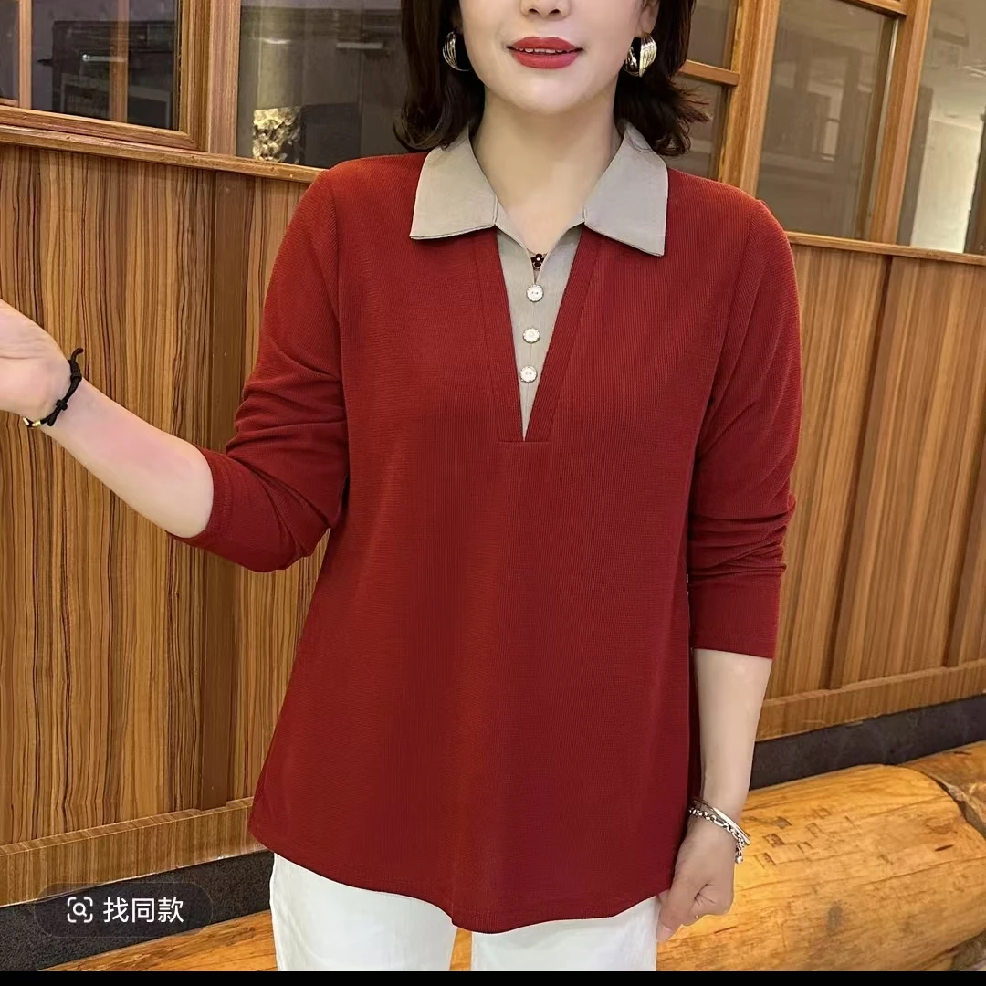 2025春装新款长袖T恤女时尚洋气宽松大码妈妈装春秋打底衫上衣服