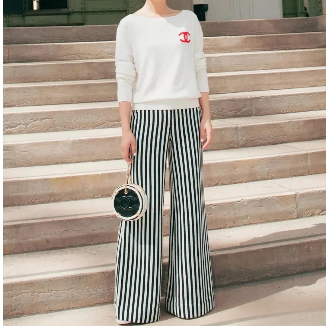 99新 Chanel/香奈儿 38码游轮系列黑白条纹羊毛阔腿裤，长裤