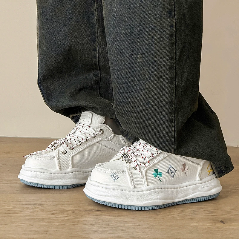 2025秋季新款7CM隐形增高厚底刺绣小白鞋男女款运动休闲帆布板鞋