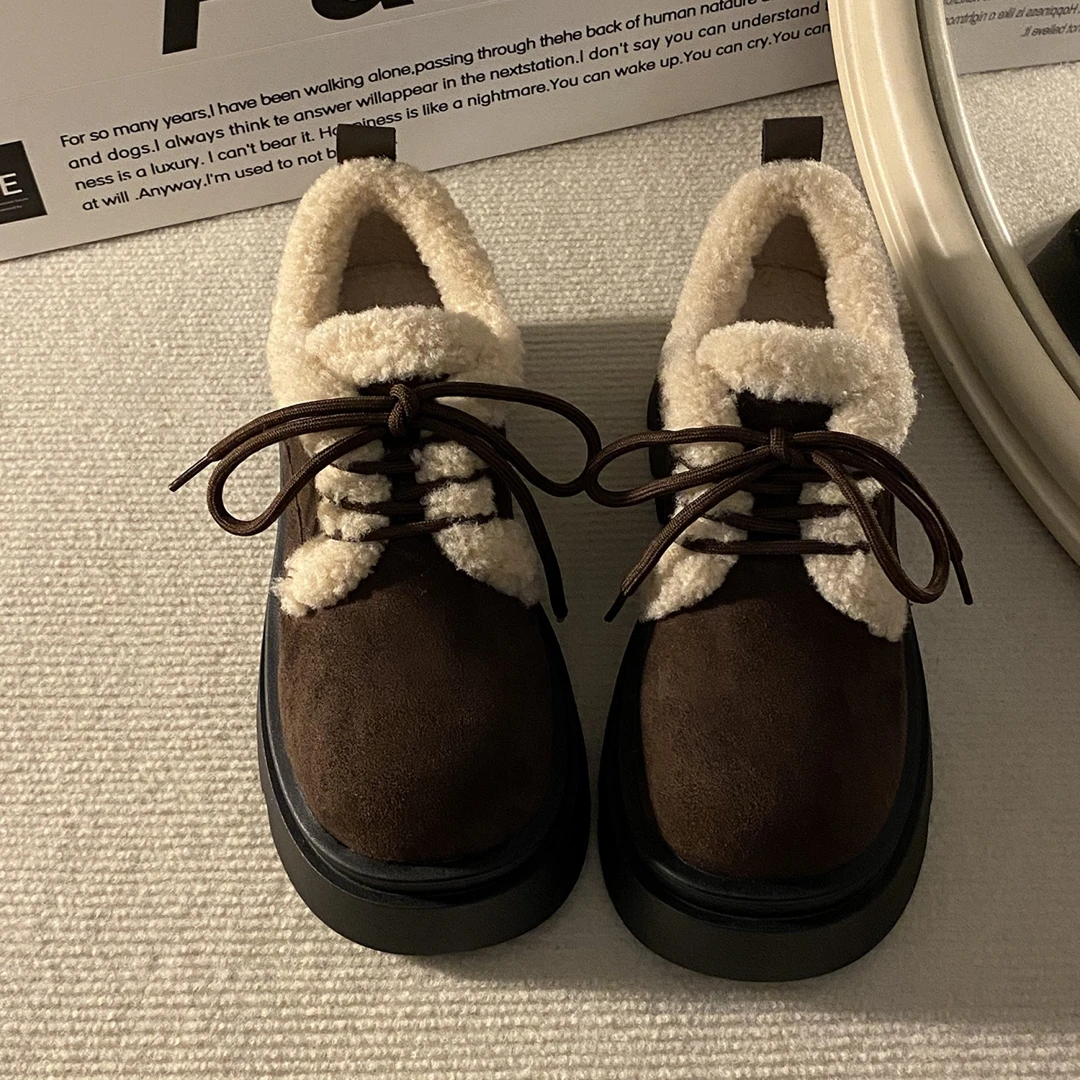 厚底加绒棉鞋女2025年冬季新款英伦风百搭保暖增高防滑毛毛雪地靴