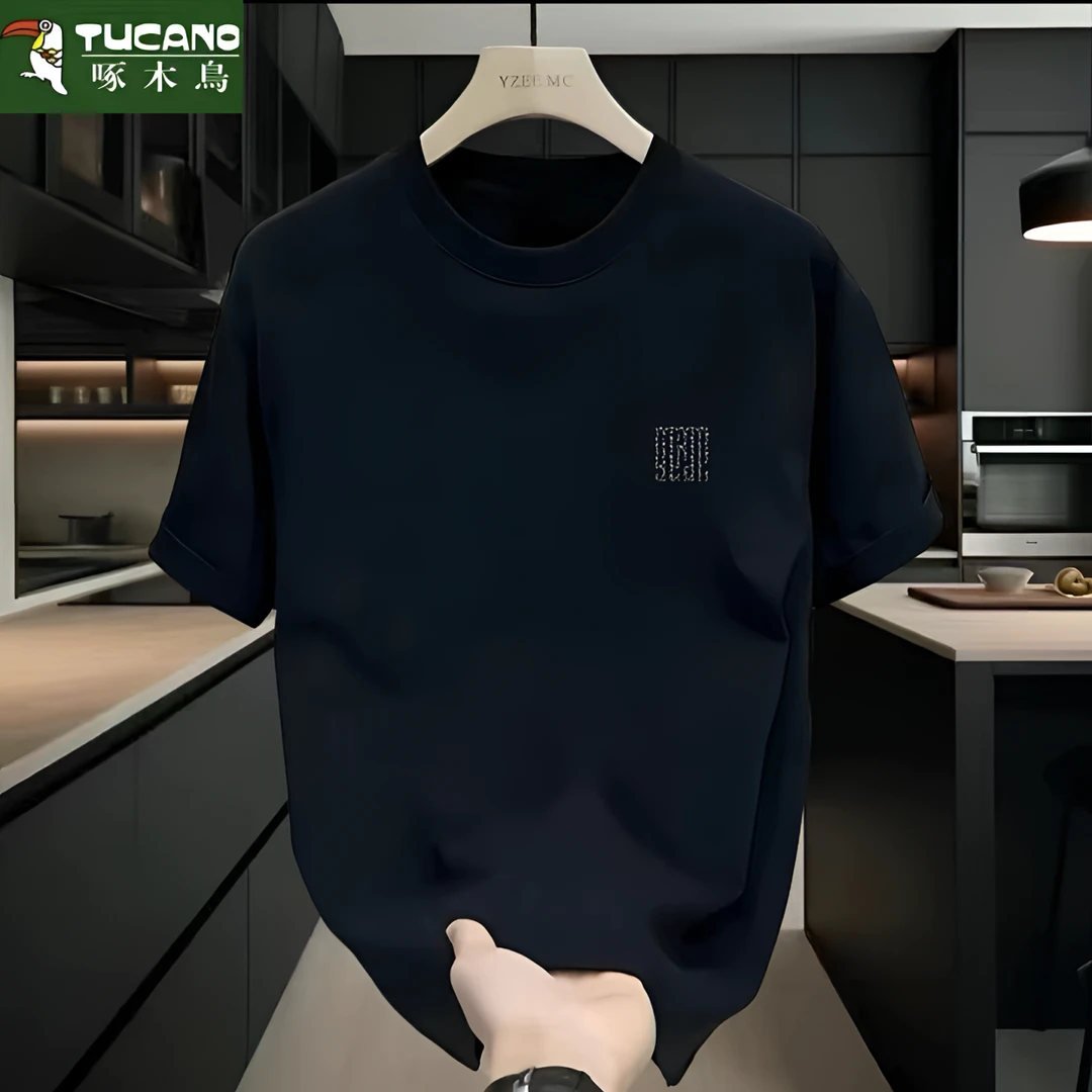 啄木鸟圆领男装印花时尚爆款高端纯棉潮流男款美式百搭t恤休闲ins