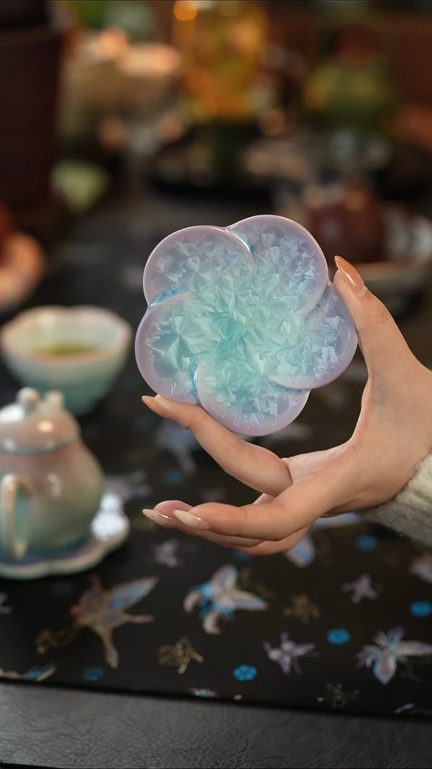 摆件陶窑变结晶釉渐变紫青-柔瓣杯垫