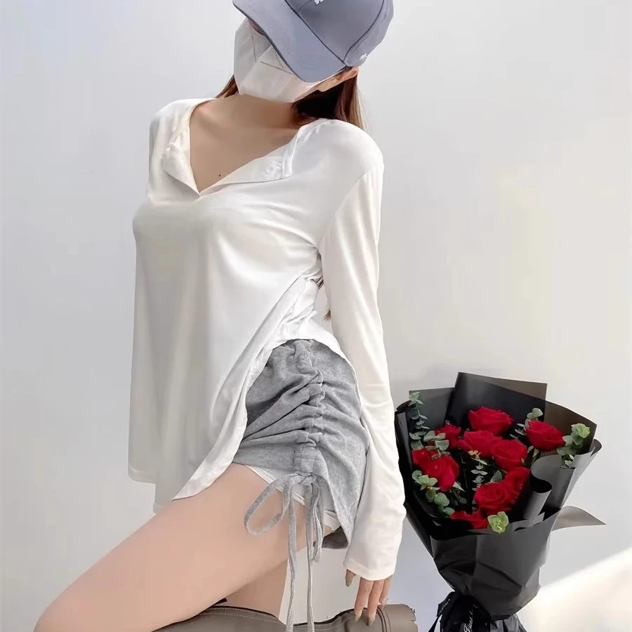 V领开叉洋气显瘦大码长袖t恤女宽松休闲垂感柔软爵士舞罩衫练功服