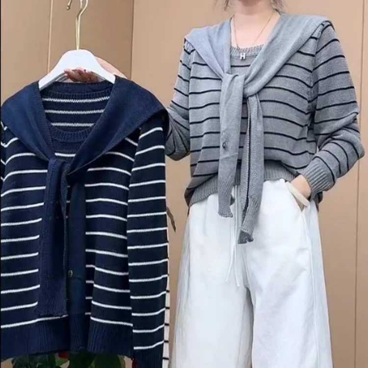 欧货披肩圆领条纹上衣两件套女2025早秋新款时尚百搭设计感针织衫