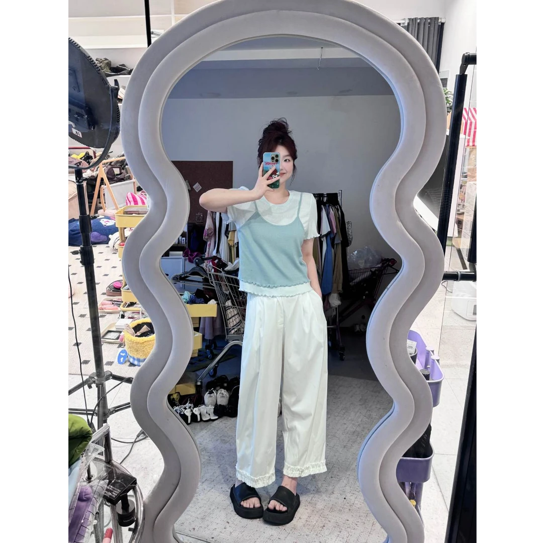 晶咕【甜心轰炸机】下摆木耳边假两件撞色减龄短袖针织上衣