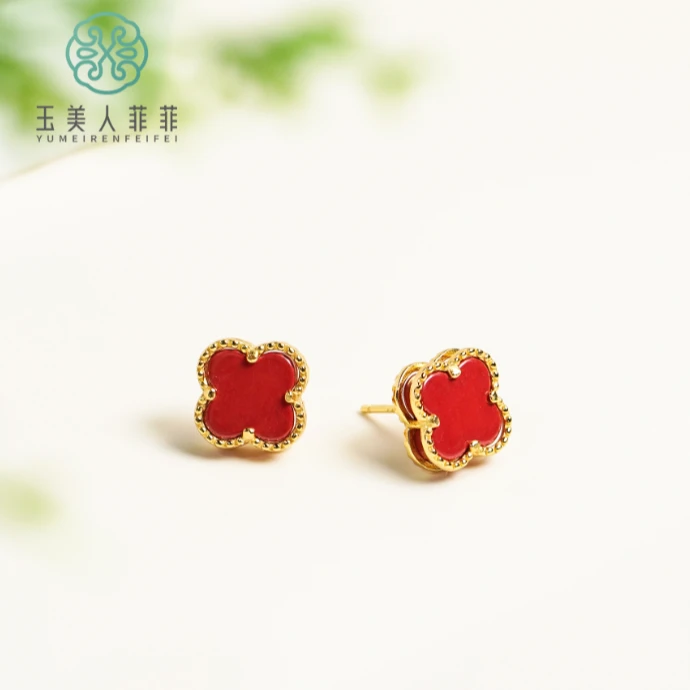 含辰砂工艺品石惑珠宝/朱砂耳坠-耳钉10mm-多样性发一