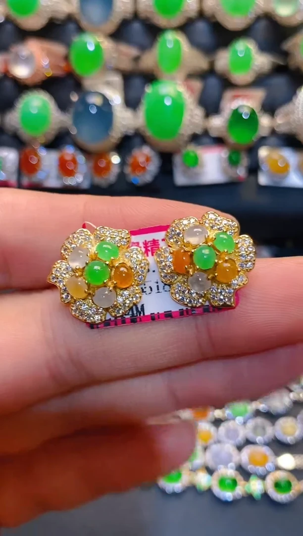 银S925镶嵌翡翠耳饰天然