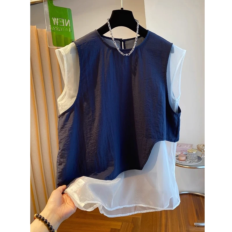 蕾丝纱网拼接夏季假两件法式新款飞飞袖大码衬衫宽松女士休闲上衣