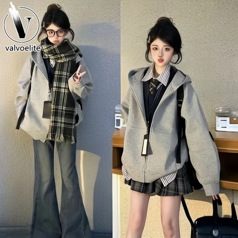 VALVOELITE灰色连帽卫衣女秋冬季新款爆款穿搭灰色宽松连帽卫衣