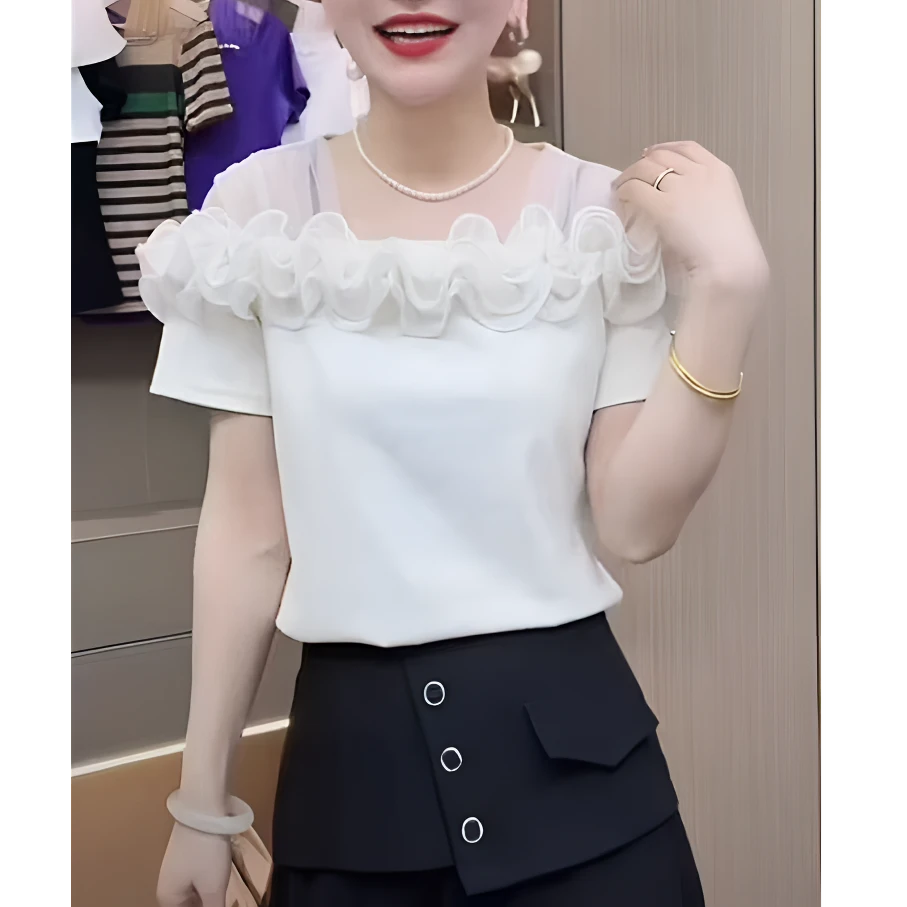 晓琳家 8982  白月光拼接蕾丝花朵边显瘦上衣女