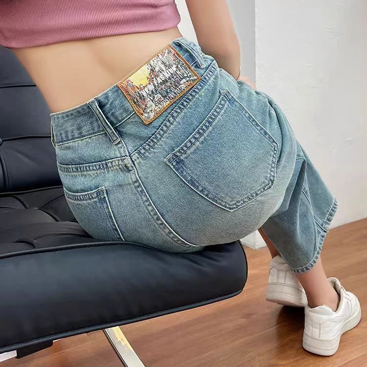 默认微瑕复古牛仔裤女春秋季新款宽松小个子阔腿裤直筒九分裤子