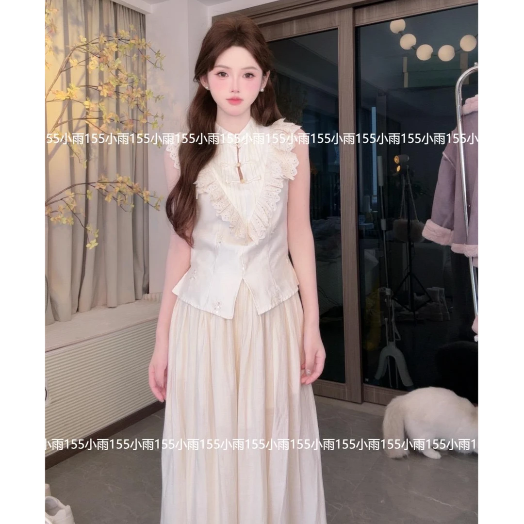 【G2】新中式盘口刺绣花边开叉上衣女小众蕾丝雪纺百褶开叉裙裤套装