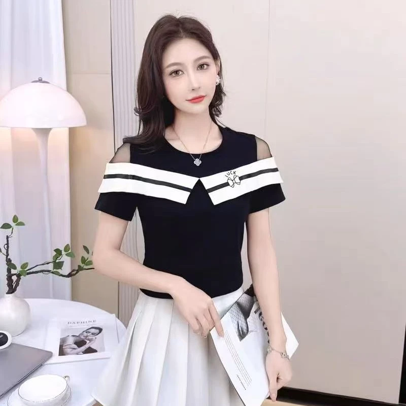 2025夏季新款高级感露肩短袖T恤遮肚子上衣修身T恤时尚百搭