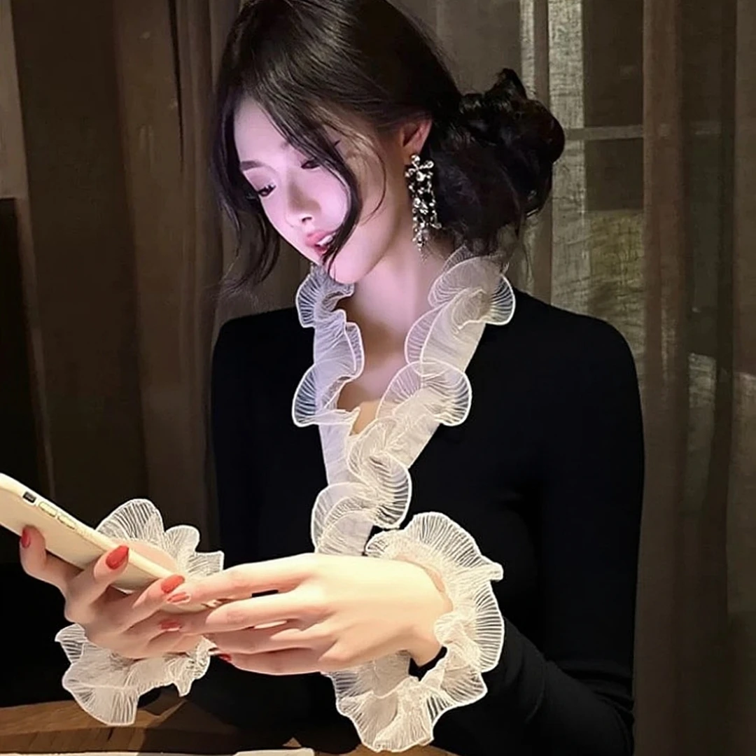 超好看内搭打底衫女2025冬设计感独特漂亮气质高端木耳边黑色上衣