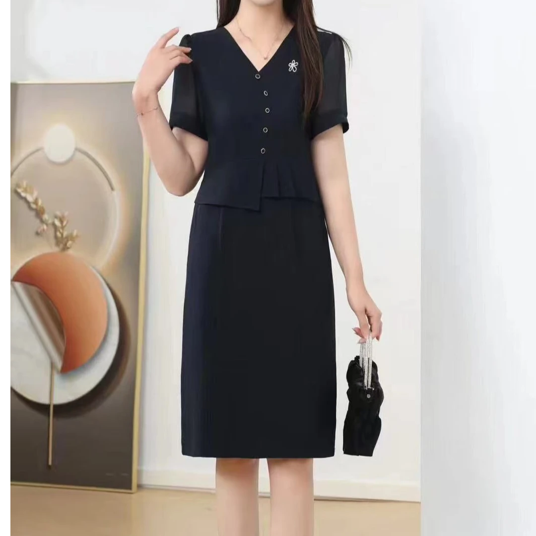 时尚优雅单排扣收腰显瘦减龄假两件连衣裙A13615