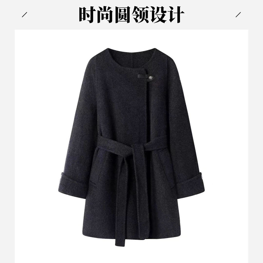 秋冬新款高端双面毛呢大衣单粒扣腰带中长款百搭气质大衣-DY0191