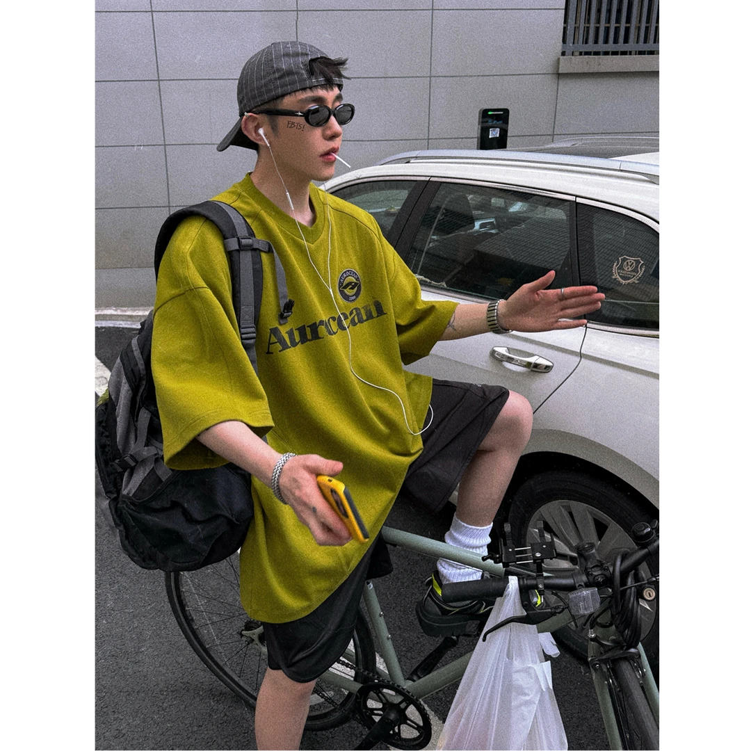 Aurocean 复古徽章刺绣短袖球衣 宽松大版做旧印花果绿色球服T恤