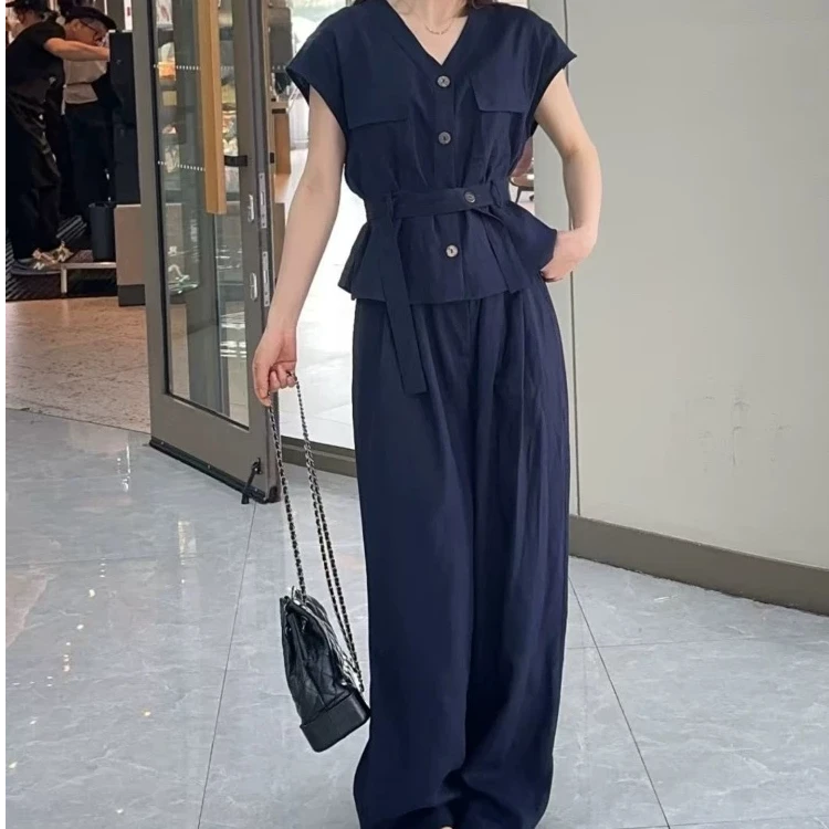 S23夏季气质V领单排扣飞飞袖亚麻系列衬衫+直筒阔腿裤两件套女