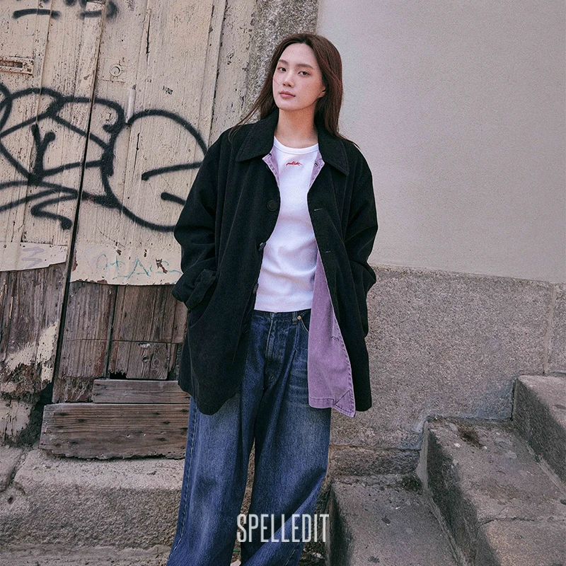 SPELLEDIT2025年秋季新品灯芯绒拼接夹克复古休闲宽松中长外套女