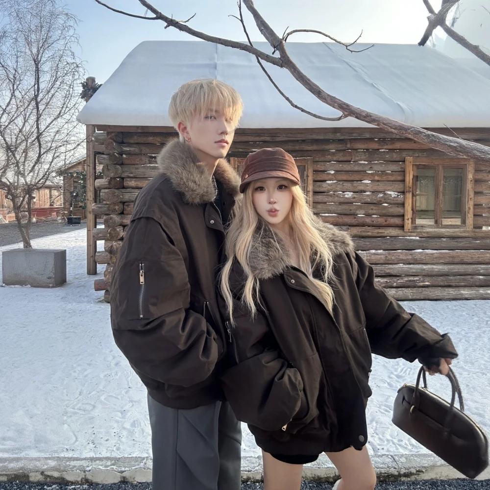 美式复古工装风毛领派克服男女加厚保暖夹克冬季棉服外套情侣装冬