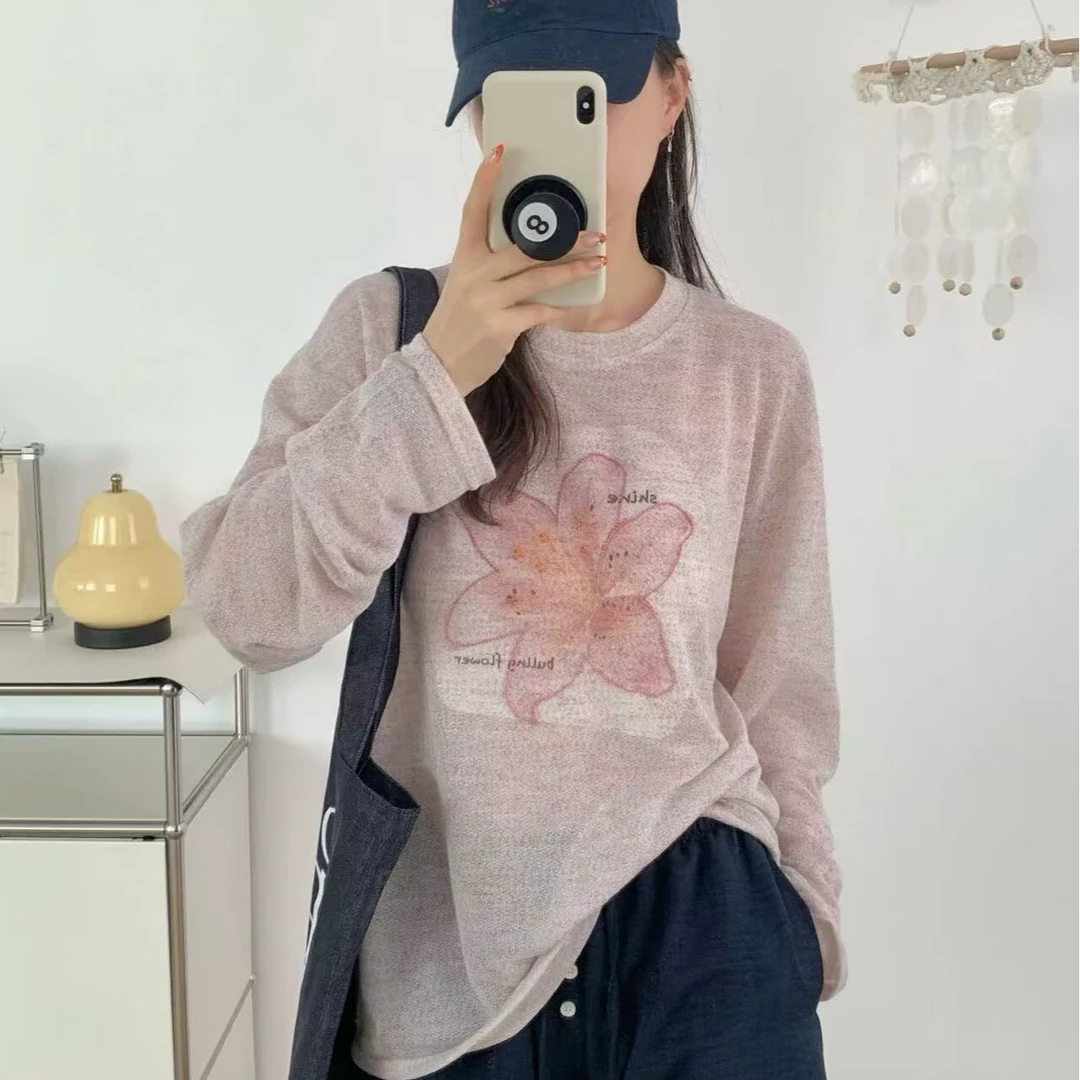 T3585 花开半夏 韩系宽松长袖防晒罩衫T恤女