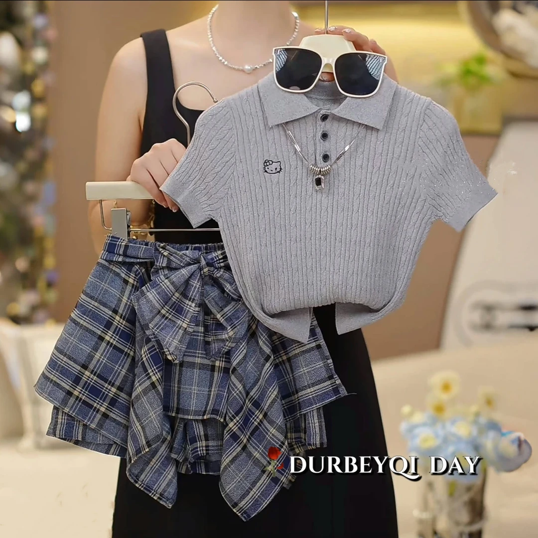 女童2025夏季新款百搭kt短袖时尚格子裙套装儿童毛衣短袖韩版裙潮