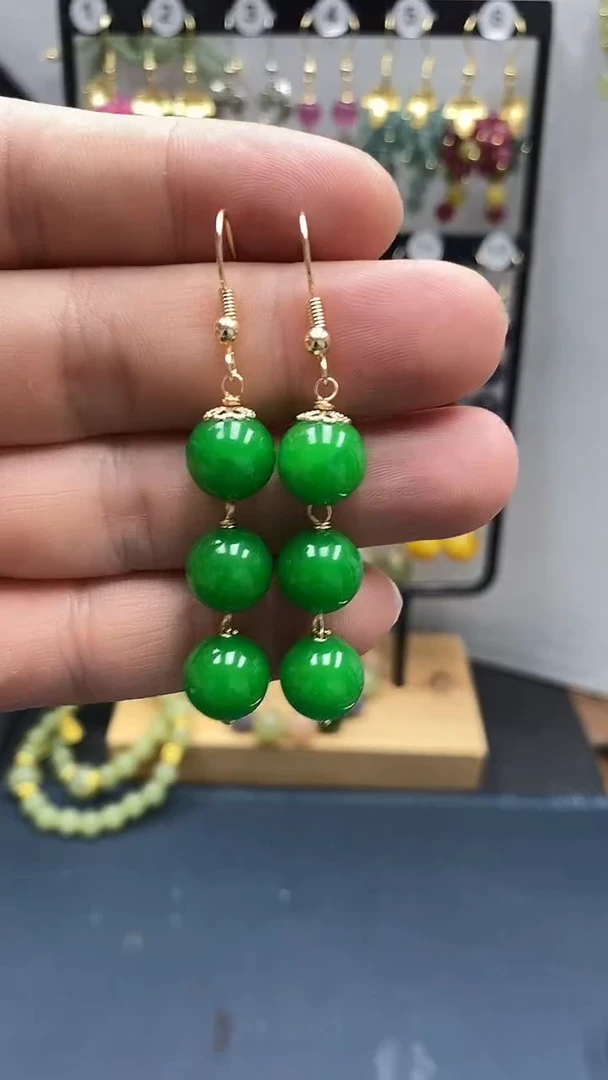 翡翠银S925镀金镶嵌耳饰尺寸10mm连珠