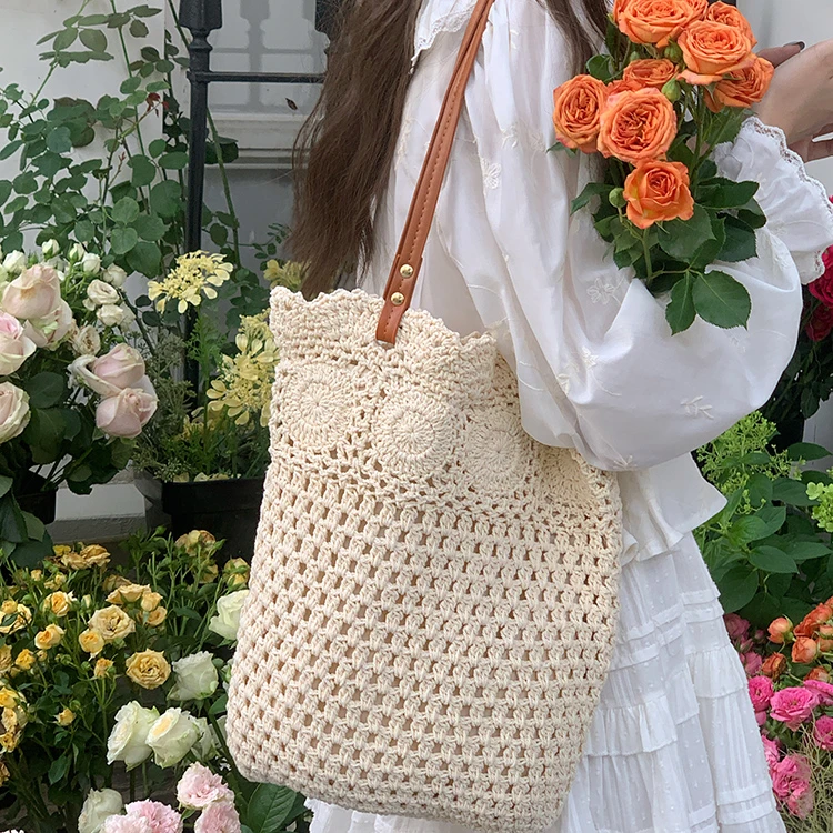 大容量单肩棉线编织包包女2025新款镂空网纹托特包海边度假沙滩包