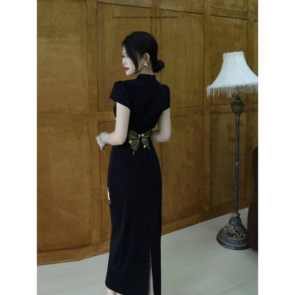 A256 新中式黑色复古改良旗袍连衣裙收腰显瘦气质时尚性感