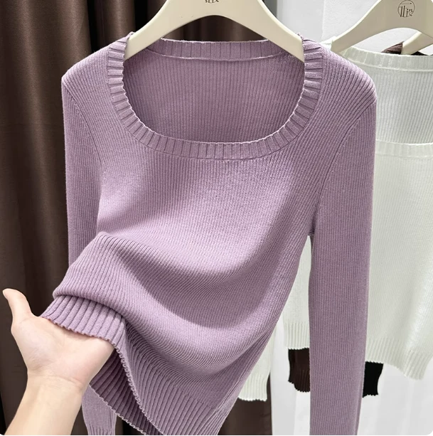 200斤可穿大码方领纯色上衣女秋冬休闲百搭毛衣宽松显瘦针织打底