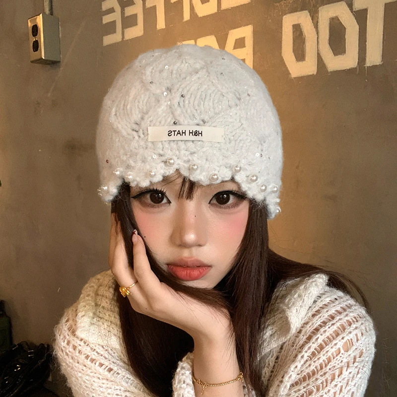 韩系ins风珍珠针织包头帽子女款2025秋冬季新款氛围感套头帽冷帽