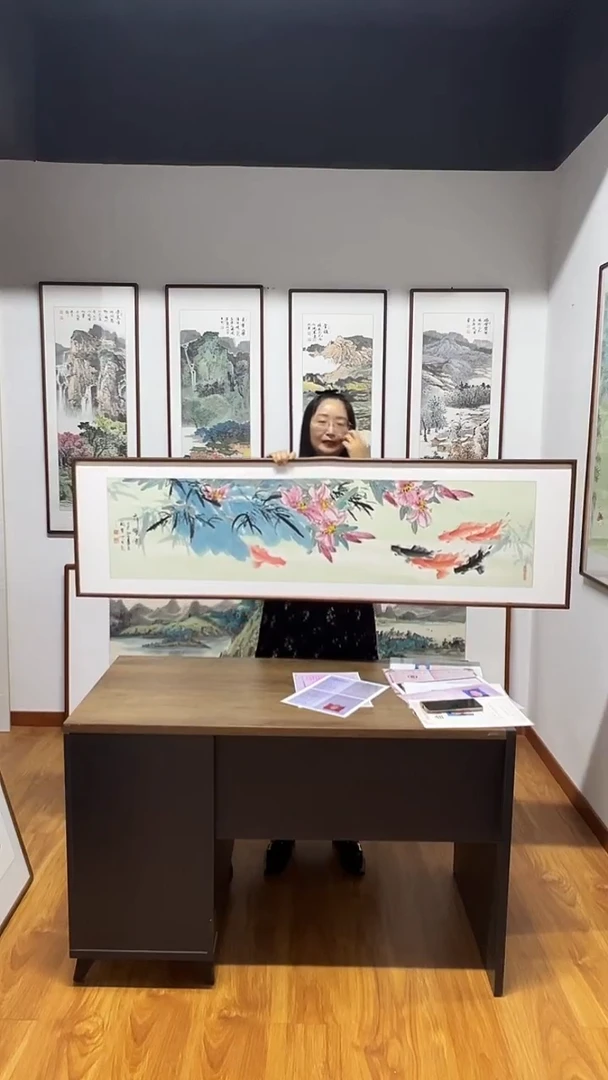 国画阿里丁  160*45  六顺图 百合+鱼