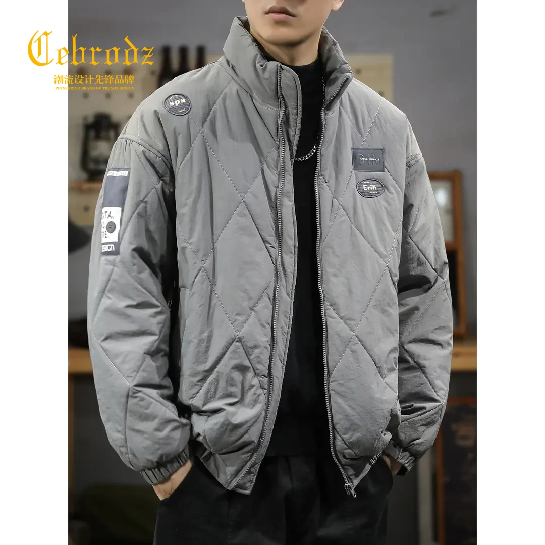 法国Cebrodz冬季菱形格立领棉服男新款棉袄夹棉男士保暖棉外套