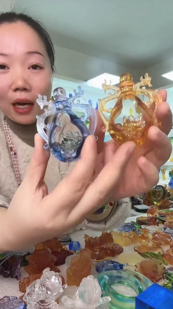 手工艺品琉璃龙莲花蓝+黄