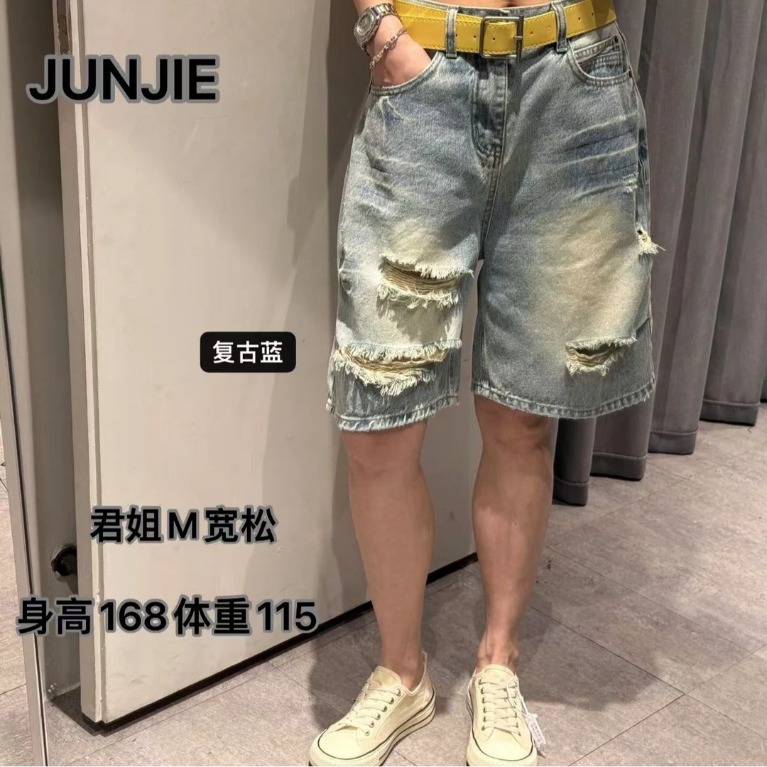 『JUNJIE』破洞五分裤·复古夏季破洞宽松显瘦休闲直筒中裤 257163