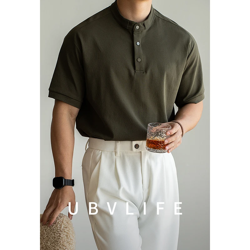 珠地纹理舒适透气立领T恤男2025夏季磁吸扣半门襟通勤休闲上衣