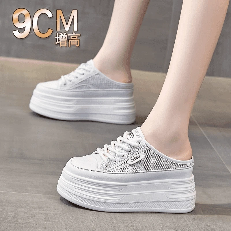 包凉拖鞋女外穿精致2025夏季新款网纱半拖鞋厚底9公分增高女鞋