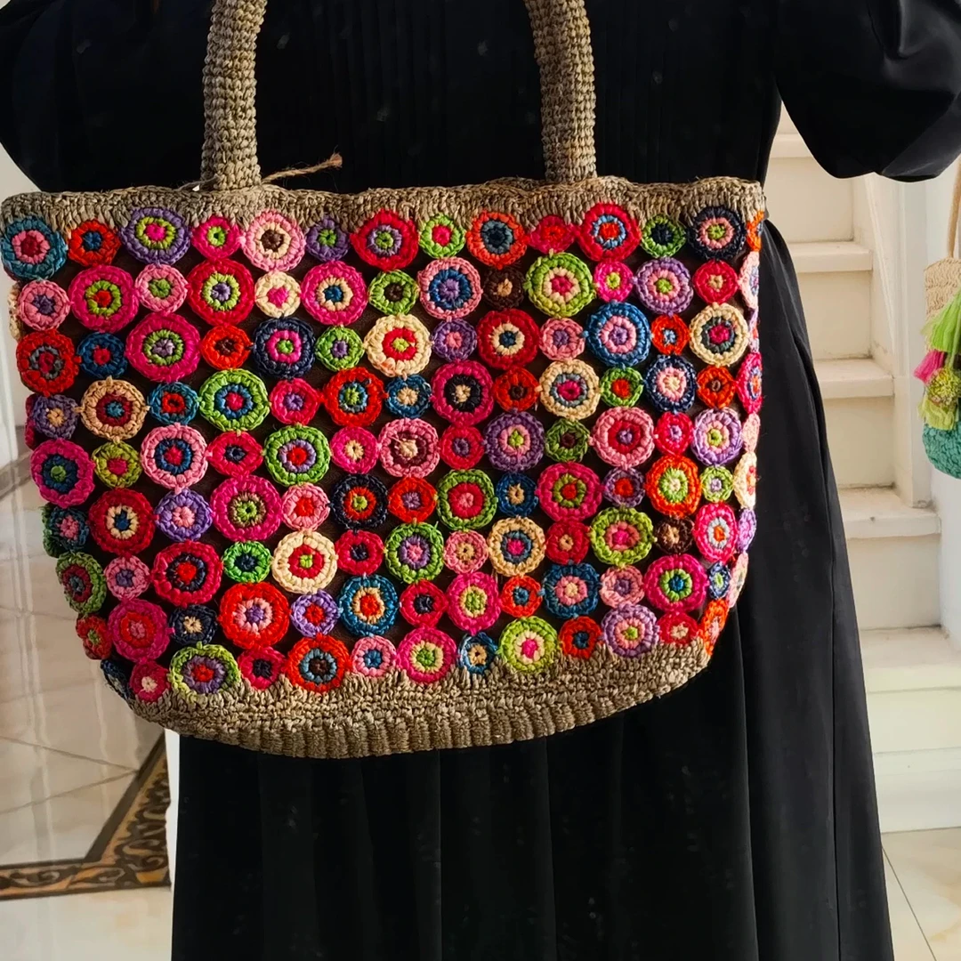 CZON·马达加斯加野生拉菲草手工包重工彩色小色块拼接托特手提包