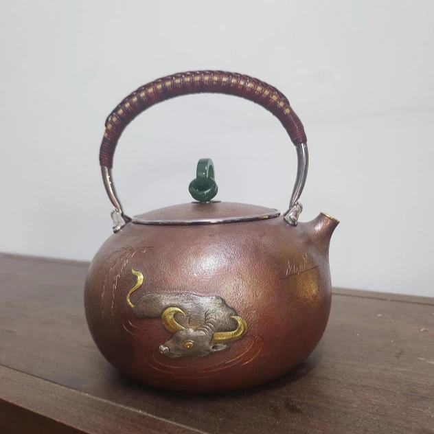 蜂鸟工坊 蜂鸟傳家 铜包银三环雕刻牧牛麻纹扁圆提梁大壶 SWA2373